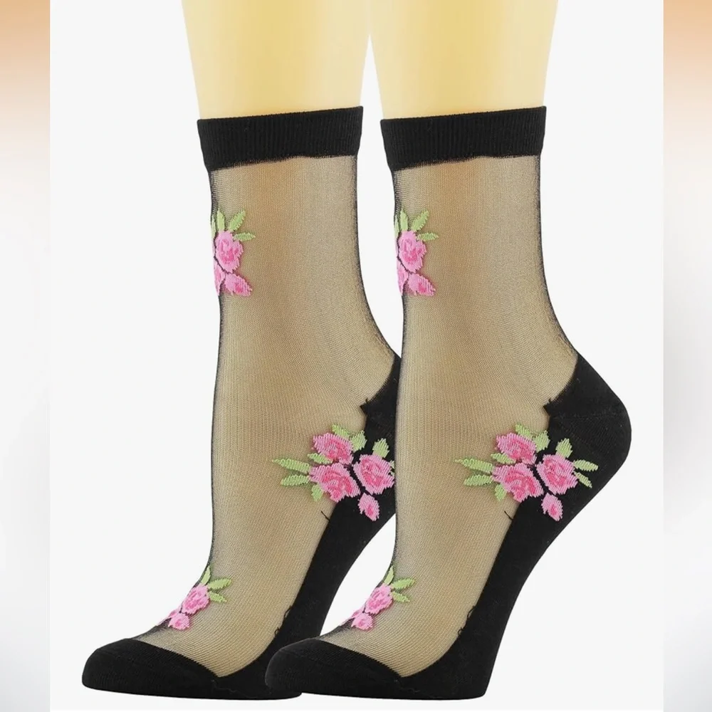 🆕 Floral Embroidered Sheer Ankle Socks - Black